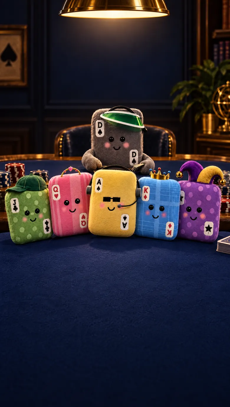 The My Ace hand of six plush playing cards on a navy felt table under a brass lamp, with the Dealer in a green visor behind them